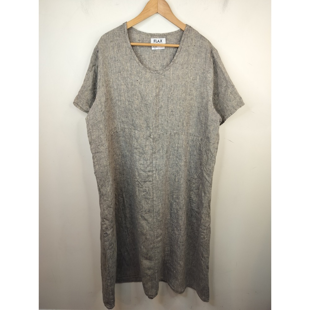 FLAX Linen Midi Dress 1X / 1G Short Sleeve Lagenlook Minimalist Pockets